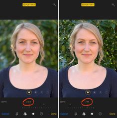 two pictures of a woman's face and the same image is being viewed on an iphone