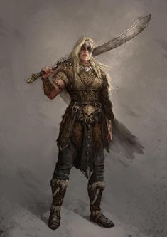 Dnd Norse Character, Winter Barbarian, Viking Concept Art, Viking Female Warrior, Barbarian Outfit