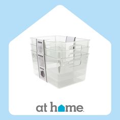 three plastic storage containers sitting on top of each other with the words at home above them