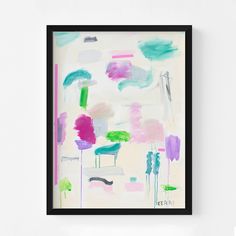 an abstract painting with pink, green and blue colors on the bottom half of it