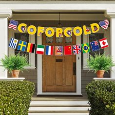 an image of a front porch decorated with flags