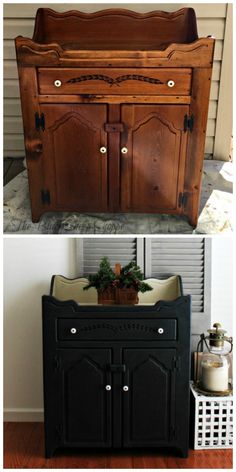 an old dresser turned into a planter with some wood trimmings on it