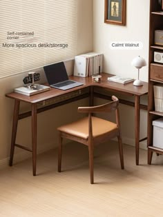 a desk with a laptop computer on top of it next to a book shelf and bookshelf