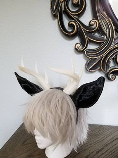 "Jackalope ears and antlers animal fantasy cosplay. Perfect to use with flowers and other applications as they are large and will still be visible! Measure at about 6\" long for the ears and 10\" antlers Please select custom for other color combos. One of many new pieces that will be added to the store in the weeks to come these ears/ horns are an elegant addition to any new ensemble. This well detailed 3D printed set is lightweight . Fantasy animal ears mounted to a .5\" headband you may reques Jackalope Costume, Fantasy Rabbit, Horns Cosplay, Horn Headband, Reindeer Antlers, Black Animals, Fantasy Costumes, Rabbit Ears, Animal Ears