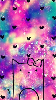 a cat with a bow tie standing in front of a colorful background filled with hearts