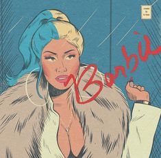 a drawing of a woman with blue hair wearing a fur coat and holding an umbrella