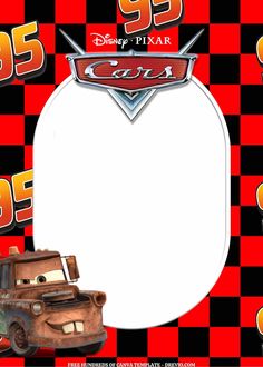 the cars movie character is shown in front of a red and black checkered background