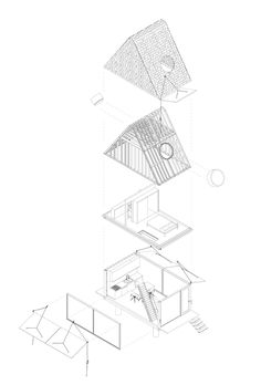 an architectural drawing of a house in the air with stairs leading up to its roof