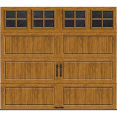 an image of a wooden garage door with windows on the front and side paneling