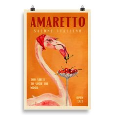 an orange poster with a flamingo eating cherries