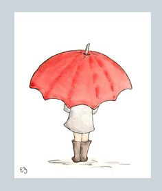 a drawing of a person holding an umbrella over their head and looking down at the ground