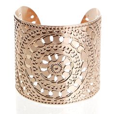 A 2 inch wide cuff dipped in rose gold with circled in circles crocheted engraved design. Made from rose gold plated brass. The cuff is 6 1/4 inches around with about an inch opening. It has some adjustability but not much. This cuff is so great and comfortable. You can dress it up or down, with jeans and a T shirt to go to the super market or with your little black dress to an event. It's striking. I wear these cuffs all the time, fun being the designer I get to wear a different one every day : Henna Bracelet, Henna Jewelry, Jewelry Gold Bracelet, Crocheted Rose, Moroccan Henna, Rose Gold Cuff Bracelet, Gold Bangles Indian, Moroccan Jewelry, Gold Cuff Bracelet