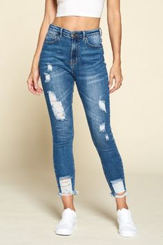 High rise ankle skinny jeans 94% Cotton, 5% Polyester, 1% Spandex This item is a part of our Mahaila Jade Collection Ripped Denim Jeans, Random Clothes, Stretch Denim Fabric, Denim Clothing, Women's Bottoms, Blue Gradient, Medium Wash Jeans, Ripped Denim, Washed Jeans