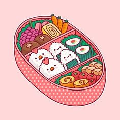 an open bento box filled with sushi and other foods on a pink background