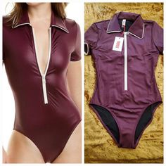 New! Unique One Piece From Solid & Striped Super Retro 1960s 1970s Vibes With Dramatic Collar Excellent Sun Protection With Full Back & Shoulder Coverage A Beautiful Eggplant Color With White Accents. Fully Lined Moderate Coverage Bottoms, With A Zip That Lets You Control Your Coverage. Shell: 80% Polyamide, 20% Elastane Lining: 85% Polyamide, 15% Elastane Color Eggplant Summer Swim Pool Poolside Beach Vacation Travel Comfort Hawaii Modest Dark Sleeved Fitted Short Sleeve Party Swimwear, Retro One-piece Summer Bodysuit, Retro Fitted Bodysuit For Party, Eggplant Color, Travel Comfort, Summer Swim, Solid & Striped, White Accents, One Piece Swimsuit