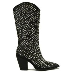 Kick Up Your Style With Our "Dazzling Western Glam" Rhinestone Stud Western Boots. These Boots Are The Perfect Combination Of Western Flair And Glamorous Bling. The Rhinestone Studs Add A Touch Of Sparkle And Shine To Your Outfit, Making You Stand Out In Any Crowd. Crafted With Attention To Detail And Quality Materials, These Boots Are Both Fashionable And Durable. Whether You're Dressing Up For A Night Out Or Adding Some Flair To Your Everyday Look, These Rhinestone Stud Western Boots Will Elev Black Crystal-embellished Boots For Night Out, Black Party Boots With Rhinestone Rivets, Black Evening Boots With Bling, Black Boots With Rhinestone Fringe For Party, Black Boots With Rhinestone Rivets For Night Out, Black Rhinestone Fringe Boots For Party, Chic Black Boots With Rhinestones, Glamorous Black Boots With Bling, Party Leather Boots With Rhinestone Fringe