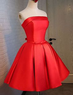 Strapless Red Satin Short Homecoming Dress Elegant Homecoming Dresses, Strapless Homecoming Dresses, Red Party Dress, Short Red Prom Dresses, Short Satin, Red Homecoming Dresses, Red Party, Satin Short, Evening Dresses Short