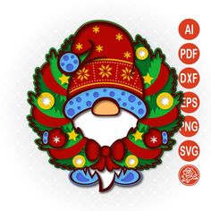 an image of a christmas wreath with santa claus's hat and bells on it