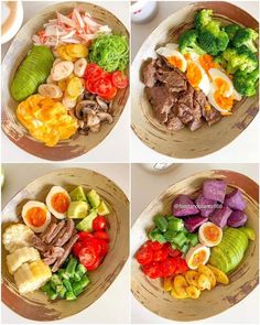 four pictures of different types of food in bowls