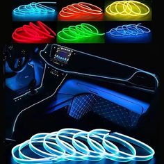 various colors of neon lights in the interior of a car, including rings and steering wheel