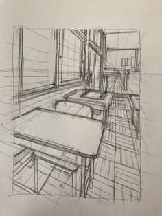 this is a drawing of some tables and benches in a room with no one on it