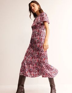 Tiered Flutter Tea Dress - Orchid Pink, Fantastical | Boden UK Floral Tea Dress, Dress Shapes, Sleeve Midi Dress, Midi Dress With Sleeves, Fitted Dress