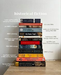 a stack of books sitting on top of a wooden table