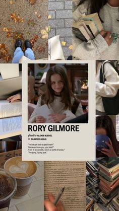 the collage shows images of people reading books and drinking coffee, with text that reads romy glimore