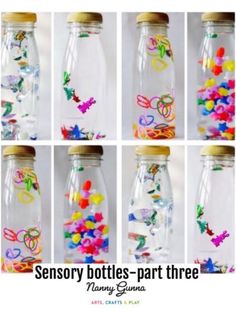 a series of images showing how to decorate glass jars with confetti and buttons