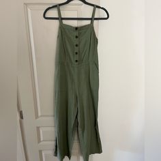 Green Pantsuit, Size Small Summer Solid Color Pantsuit With Pockets, Summer Pantsuit With Pockets, Casual Green Pantsuit For Spring, Casual Solid Color Pantsuit For Spring, Casual Summer Overall Pantsuit, Summer Pantsuit With Buttons, Chic Cotton Pantsuit For Spring, Spring Cotton Pantsuit, Green Cotton Jumpsuits And Rompers With Button Closure