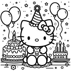 a hello kitty birthday cake with balloons and stars on it, in black and white