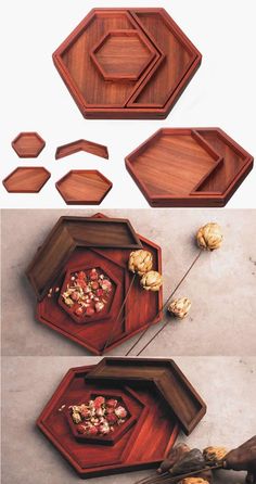 three wooden trays with different shapes and sizes, one has nuts on the side