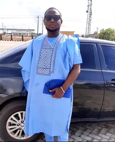 3 Piece Blue Swiss Cotton Agbaga Set, African Shirt Set With Matching Pant, Nigerian Men Native Suit, Men Ethnic Traditional Wear A head turner for quality & utmost attention to detail, this sky blue Agbada men's suit set is handmade with love. It is suitable for all kinds of Nigerian and African weddings, parties, dinners, conferences, workwear, and groomsmen asoebi outfits. This set comes with matching pants.  This is a great piece of fabric design handmade in Africa to bring you some Royal African Feel. DETAILS *Made to order *Outfits are true to size.  *Fabric: high-quality swiss cotton *The fabric is soft, adjusts to your body temperature, and comfortable to wear *Fabric is good for summer and winter *All outfits are custom-made to fit Embroidery Details    *SHIRT DETAILS Round Neck C Native Agbada For Men, Nigerian Men Fashion Traditional Agbada, Native Wears For Nigerian Men, Blue Agbada Designs For Men, Sky Blue Senator Wears For Men, Men Native Wears Nigerian, Sky Blue Agbada For Men, Traditional Fitted Agbada With Long Sleeves, Blue Agbada