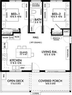 the floor plan for a two bedroom apartment with an open kitchen and living room area