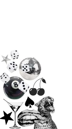 an animal is playing with some dices and other things in the air on a white background