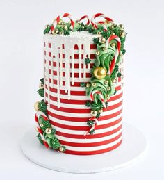 a christmas cake decorated with candy canes and holly