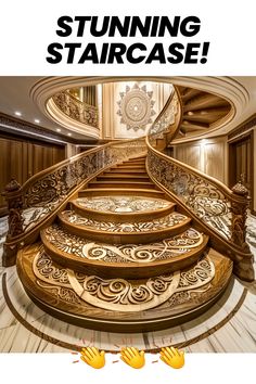 a spiral staircase in the middle of a room with text that reads, stunning staircase