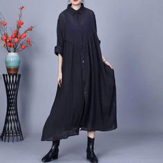 Comfortable, One of Kind. Shirt Dresses online shop,|Elegant|45% Cotton+55% Linen|Mid-Calf|Long Sleeve|Polo Neck|Solid Color|Black|One Size|Spring/Fall|Hand Wash Black Collared Dress With Relaxed Fit, Black Relaxed Fit Collared Dress, Black Long Sleeve Midi Dress In Relaxed Fit, Black Relaxed Fit Midi Dress With Long Sleeves, Black Long Sleeve Midi Dress Relaxed Fit, Black Relaxed Fit Shirt Dress For Spring, Black Long Sleeve Shirt Dress With Relaxed Fit, Casual Black Shirt Dress For Office, Black Relaxed Fit Long Sleeve Shirt Dress