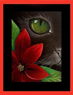 a painting of a black cat with green eyes and a red flower in front of it