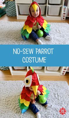 a child in a costume sitting on the floor next to an open bookcase with no sew parrot costume