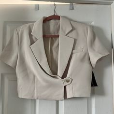 So Cute!!!! Button Inside And Outside Cropped Relaxed Fit Shoulder Pads Elegant Beige Single Breasted Top, Elegant Beige Single-breasted Top, Chic Beige Single Breasted Top, Chic Beige Single-breasted Top, Elegant Tops With Button Closure In Neutral Color, Green Velvet Blazer, Tuxedo Women, Tan Blazer, Tuxedo Blazer