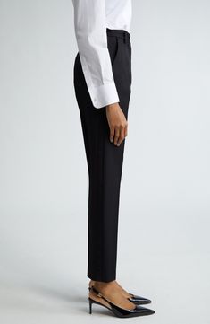 Inspired by the rich imagery of 1960s Sicily, these wool-blend gabardine trousers boast a clean, tailored silhouette and straight legs cropped at the ankle. Zip fly with button closure Front slant pockets; back welt pockets 89% virgin wool, 9% silk, 2% polyester Dry clean Made in Italy Designer Clothing Luxury Straight Leg Dress Pants For Semi-formal Occasions, Tailored Straight Leg Pantsuit In Timeless Style, Tailored Timeless Straight Leg Pantsuit, Tailored Straight Leg Timeless Pantsuit, Elegant Tailored Pants For Office, Elegant Tailored Office Pants, Timeless Straight Leg Office Pantsuit, Sleek High-waisted Dress Pants For Formal Occasions, Formal Tuxedo Pantsuit With Straight Pants