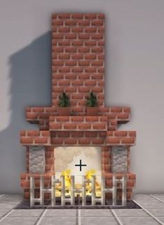 a brick fireplace with a cross on it