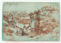 a drawing of a landscape with trees and mountains in the background, by an unknown artist