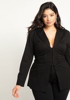 1) Power Pose $140 Plus Size Peacoat, Outfit Graduacion, Corset Blazer, Plus Size Corset, Blazer Women, Plus Size Outerwear, Plus Size Coats, Knit Blazer, Stylish Plus