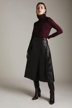 Leather Pleated Buckle Kilt Midi Skirt