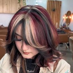 Brown Black And Blonde Highlights, Hair Dye Colors Underneath, Black Over Blonde Hair, Colors That Look Good With Red Hair, Shunk Chunky Highlights, Cool Red Hair Dye Ideas, Hair Color Two Colors, Red Blond And Black Hair, Colored Hair Ideas For Blondes