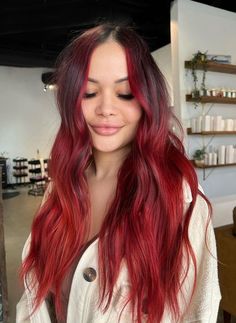 Dyed Hair For Brunettes Red, Dark Red Hair With Red Money Piece, Dark Fun Hair Color Ideas, Red Partial Balayage, Bright Red Hair With Money Piece, Red Hair Color Ideas With Highlights, Cold Red Hair Color, Dark Red Hair With Money Piece, Bright Red Highlights In Brown Hair