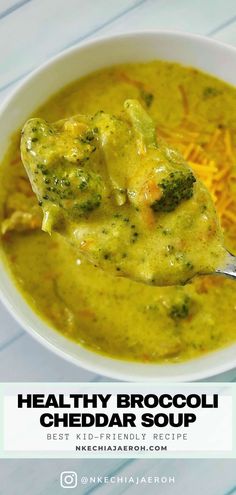 A bowl of broccoli cheddar soup Healthy Broccoli Cheddar Soup, Soup Recipe With Chicken, Broccoli Cheddar Soup Recipe, Cheddar Soup Recipe, Recipe With Chicken, Soup With Chicken, Healthy Broccoli