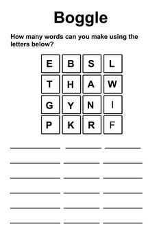 a worksheet with the words boggle on it, and an image of letters below